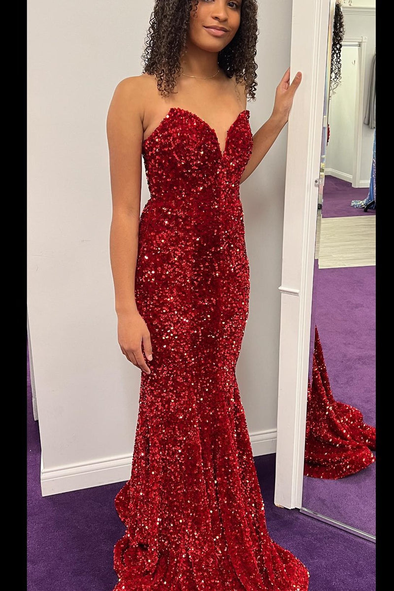 Mermaid Red Sequins Strapless Long Prom ...
